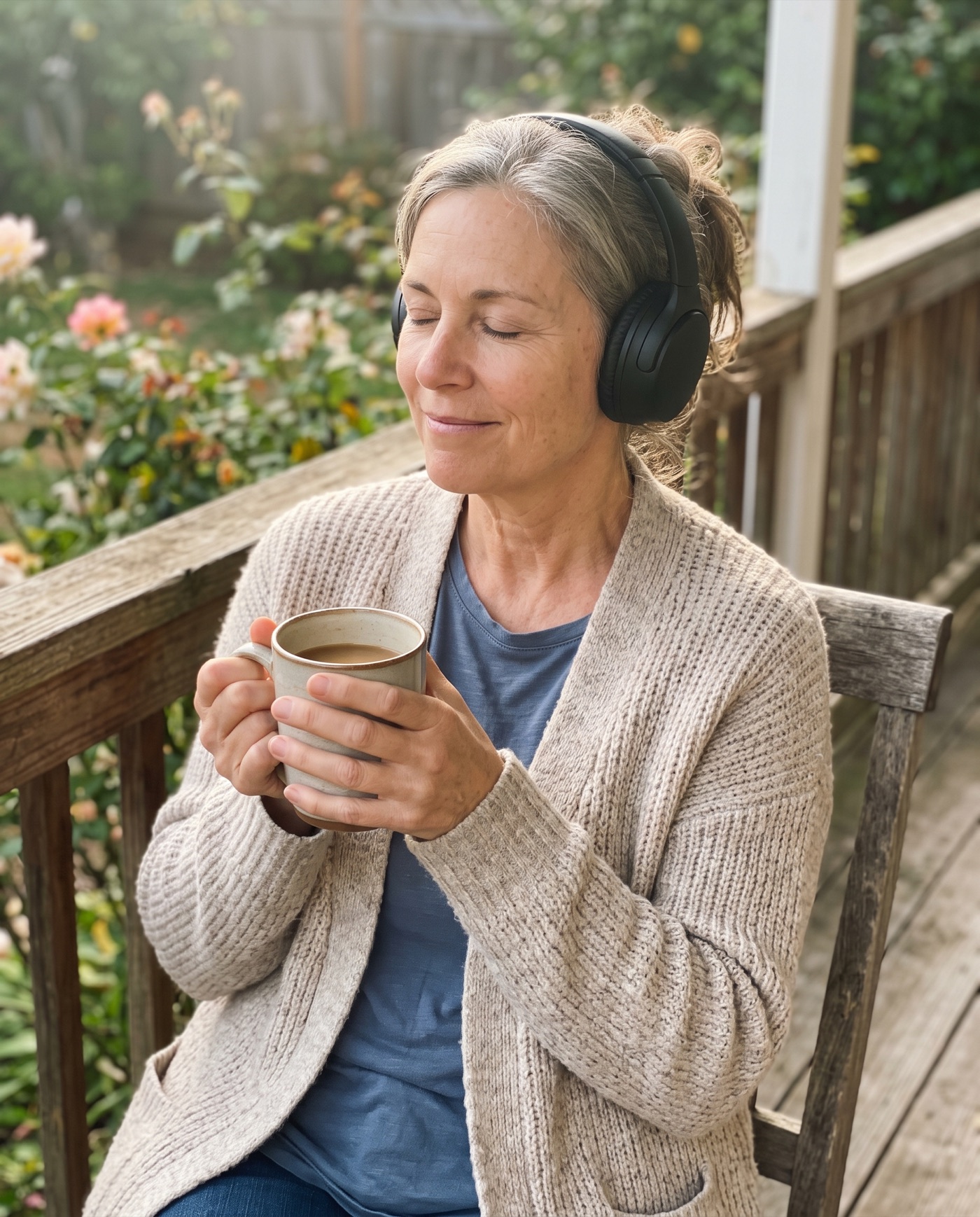 A woman in her 60s on her porch, headphones on, coffee in hand, eyes closed